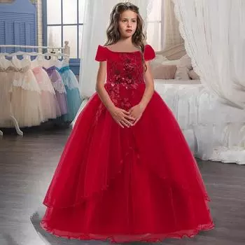 Новое летнее кружевное свадебное платье для девочек, вечерние платья для подружек невесты, детские платья принцесс для девочек, костюм на день рождения 170CM красный