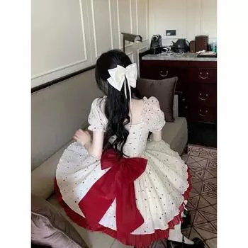 Новое летнее милое мини-платье с французским квадратным воротником, платье принцессы с короткими рукавами и бантом, женские элегантные вечерние винтажные платья, Vestidos S красный