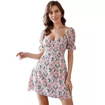 Новое летнее милое платье с пузырьковыми рукавами, женское легкое роскошное платье трапециевидной формы с квадратным вырезом XS розовый