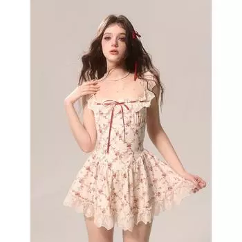 Новое летнее модное кружевное платье без рукавов с цветочным принтом, темпераментные платья с квадратным воротником, элегантное праздничное милое платье на подтяжках S абрикосовый