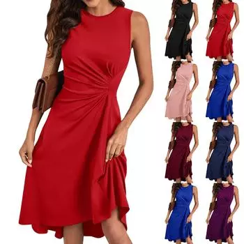 Новое летнее модное однотонное платье трапециевидной формы без рукавов с морщинами L чёрный