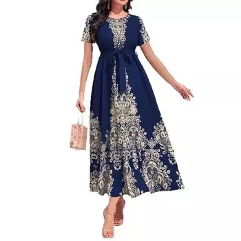 Новое летнее модное платье с принтом, элегантное, на шнуровке, с коротким рукавом S синий