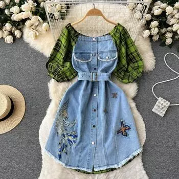 Новое летнее модное винтажное клетчатое лоскутное джинсовое платье женское с открытыми плечами с пышными рукавами и поясом с вышивкой-бабочкой вечерние платья M синий