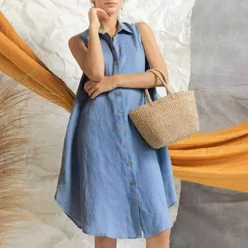 Новое летнее модное винтажное синее хлопковое платье, женское однотонное свободное повседневное платье без рукавов, женское однобортное платье с отворотом А-силуэта 24753 S синий