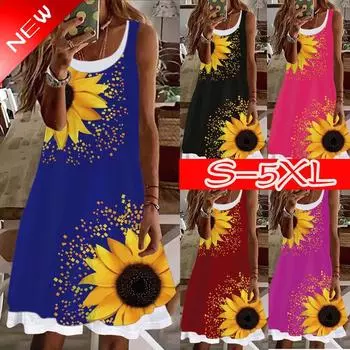 Новое летнее модное женское платье, женское повседневное платье без рукавов с подсолнухом из двух частей с принтом, мягкое и удобное платье больших размеров S-5XL S чёрный