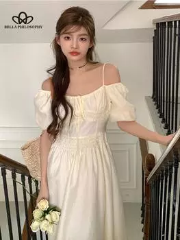 Новое летнее нежное шикарное платье с открытыми плечами и рукавами-пузырьками на шнуровке на талии, женское модное повседневное пляжное платье S чёрный