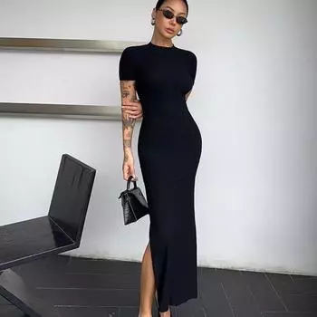 Новое летнее облегающее сексуальное платье с коротким рукавом, элегантное, облегающее бедра, повседневное женское длинное платье, винтажное платье с воротником-стойкой, женское платье 25992 S чёрный