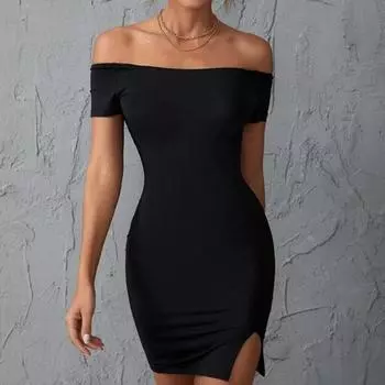 Новое летнее однотонное облегающее платье с открытыми плечами и зубчатым краем S чёрный