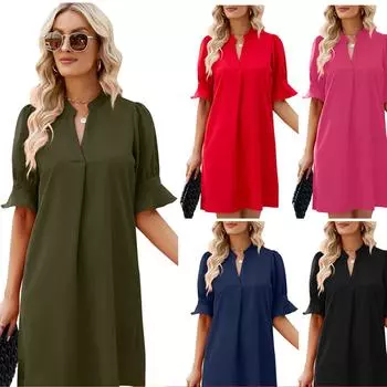 Новое летнее однотонное женское свободное платье с v-образным вырезом и плиссировкой с пятью точками рукавов S красный