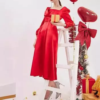 Новое летнее платье, атласное платье с длинными рукавами и круглым вырезом, с высокой талией, темпераментное красное платье S красный