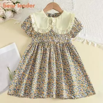 Новое летнее платье Bear Leader для девочек с воротником-поло и желтым цветочным узором. Детская модная одежда с короткими рукавами для детей 3-7 лет AM1747 5T