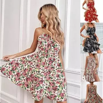 Новое летнее платье без рукавов, пуловер с принтом, короткая юбка на ремне для женщин S тёмно-синий