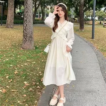 Новое летнее платье для девочек, дизайнерское платье с v-образным вырезом, нежное ветровое длинное платье с короткими рукавами, платье в стиле Mori Girl S абрикосовый