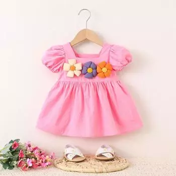Новое летнее платье для девочек с рукавами-фонариками, юбка принцессы, детская летняя юбка с цветочным узором для девочек 73cm розовый