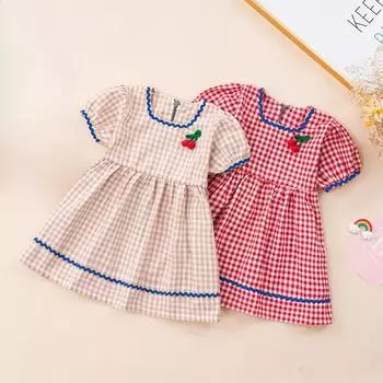 Новое летнее платье для девочек в милую клетку с рукавами-фонариками 80cm красный
