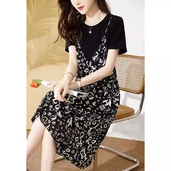 Новое летнее платье из двух частей с имитацией подтяжек, прикрывающее мясо, с принтом, облегающее и омолаживающее корейское женское платье M чёрный