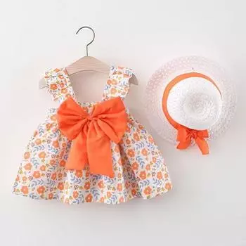 Новое летнее платье-комбинация принцессы, детская хлопковая юбка с бантом, детская одежда, платье для маленьких девочек со шляпой 73cm