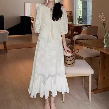 Новое летнее платье маленькое, тяжелая промышленность, наклейка, вышитый дизайн, чувство, шифон, оборка, край S