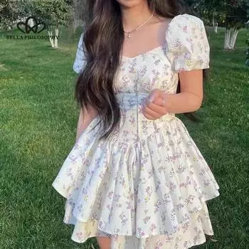 Новое летнее платье, нежное женское платье с цветочным принтом на талии для похудения, длинное платье в пляжном стиле для отпуска S