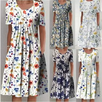 Новое летнее платье с цветочным принтом, повседневное свободное платье миди с коротким рукавом и круглым вырезом, большие размеры S