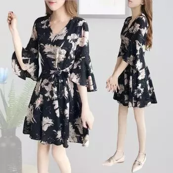 Новое летнее платье с цветочным принтом для женщин. Юбка средней длины с круглым вырезом и короткими рукавами. M чёрный