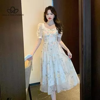 Новое летнее платье с французским квадратным воротником и цветочным принтом, элегантное платье с принтом роз, женское повседневное пляжное вечернее платье S красный