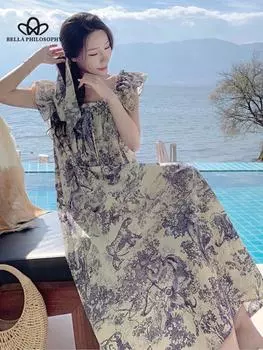 Новое летнее платье с открытой спиной, милое праздничное длинное платье французской феи с цветочным принтом S