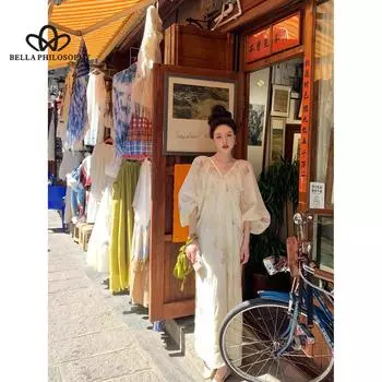 Новое летнее платье с принтом в китайском стиле, женское свободное платье с v-образным вырезом, элегантное нежное длинное платье с половиной рукава