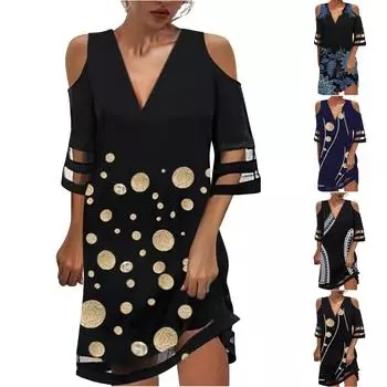 Новое летнее платье с v-образным вырезом и цветочным принтом, модное женское платье с короткими рукавами L синий