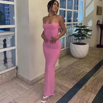 Новое летнее платье с высокой талией, тонкое платье с лямкой на шее, женское платье, повседневное облегающее платье, длинное платье XS розовый