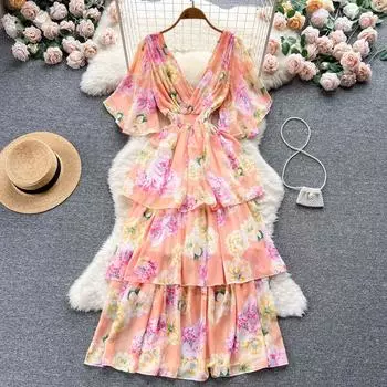 Новое летнее платье сладкой феи с короткими рукавами и V-образным вырезом с принтом на талии и тортом