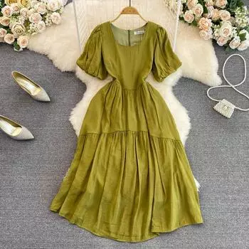 Новое летнее платье трапециевидной формы во французском стиле в стиле ретро с круглым вырезом и пышными рукавами на талии, женское мягкое ветровое платье