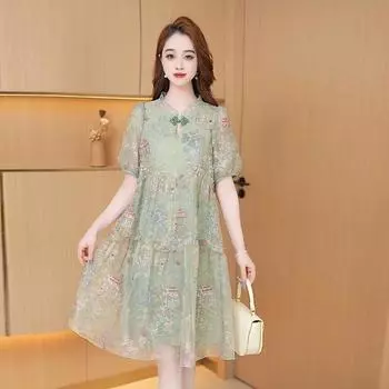 Новое летнее платье в китайском стиле с коротким рукавом, модное, уменьшающее возраст, с высокой талией, тонкое, свободное, большого размера, женская одежда M recommends 85-52.5kg
