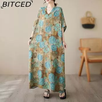Новое летнее платье в стиле ретро с принтом больших ярдов, женское свободное платье с капюшоном, тонкая повседневная хлопковая и льняная длинная юбка с цветочным принтом, халат One Size небесно-голубой