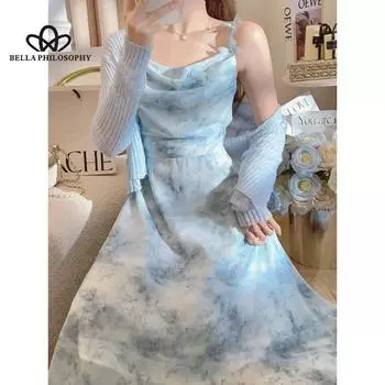 Новое летнее платье во французском стиле с цветочным принтом и бабочкой, нежное длинное платье с узкой талией и принтом S синий