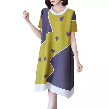 Новое летнее плиссированное платье средней длины, тонкое и минималистское с круглым вырезом, короткими рукавами, средней длины и плотным прикрытием. M зелёный