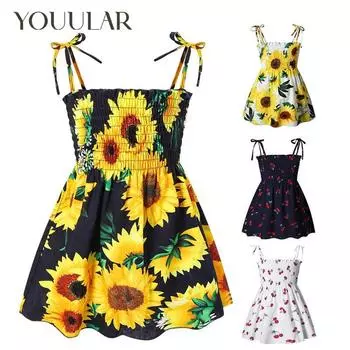 Новое летнее пляжное платье на слинге с принтом для маленьких девочек, хлопковые тонкие детские платья с цветочным принтом, одежда 130