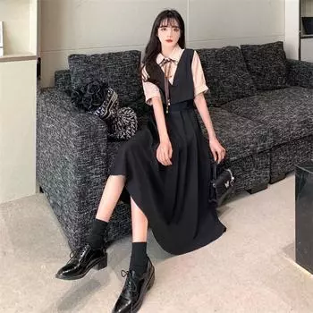 Новое летнее повседневное платье большого размера с высокой талией, искусственное платье из двух предметов, женское летнее длинное платье в академическом стиле S хаки