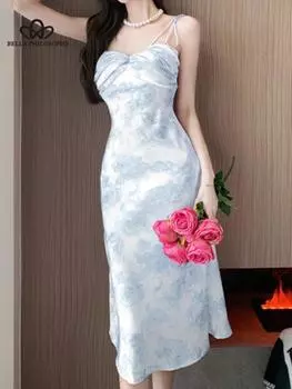 Новое летнее праздничное платье с винтажным принтом и цветочным принтом на тонких бретельках, платье миди на шнуровке, праздничное пляжное женское элегантное платье в стиле бохо, Vestidos S синий