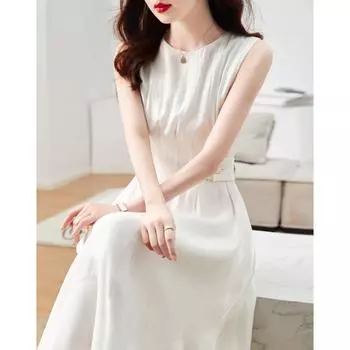 Новое летнее пригородное платье с круглым вырезом без рукавов и большими пуговицами для женщин, юбка А-силуэта средней длины с заниженной талией S