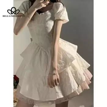 Новое летнее пышное платье принцессы с бантом, белое высококачественное утягивающее многослойное платье с узкой талией во французском стиле, короткое платье с пышными рукавами S белый