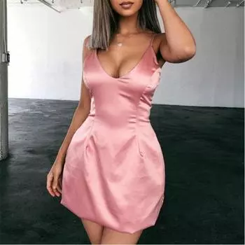 Новое летнее сексуальное модное женское платье без рукавов с талией в европейском и американском стиле, короткое платье с v-образным вырезом S розовый