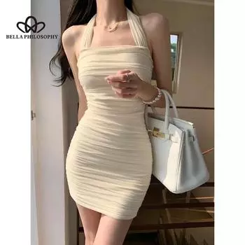 Новое летнее сексуальное облегающее платье в Корейском стиле с сетчатым вырезом на талии и открытой спиной на бретельках, однотонное короткое праздничное платье XS бежевый