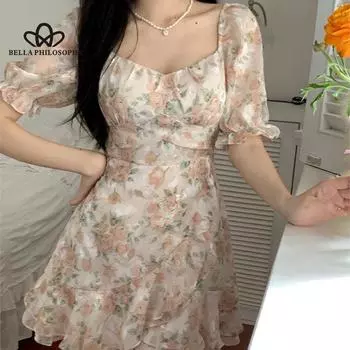 Новое летнее шифоновое платье с открытыми плечами и цветочным принтом, сексуальное элегантное пляжное повседневное короткое платье в милом стиле S