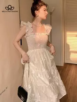 Новое летнее шикарное однотонное тонкое платье феи с летающими рукавами и вышивкой, модное повседневное элегантное вечернее платье one size бежевый