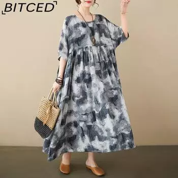 Новое летнее свободное платье больших ярдов в стиле ретро из хлопка и льна с короткими рукавами и принтом чернил, женская длинная юбка с круглым вырезом One Size чёрный