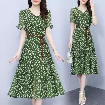 Новое летнее темпераментное женское платье с v-образным вырезом в западном стиле и цветочным принтом, 2024, мясное и тонкое модное шифоновое платье для женщин M чёрный