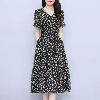 Новое летнее темпераментное женское платье с v-образным вырезом в западном стиле и цветочным принтом, 2024, мясное и тонкое модное шифоновое платье для женщин M чёрный