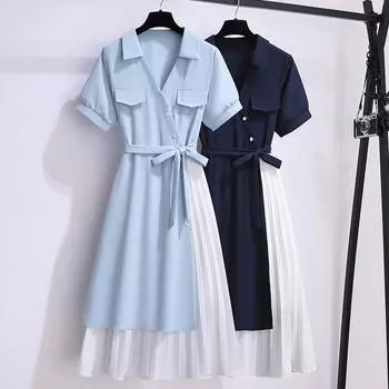 Новое летнее тонкое лоскутное платье, большое женское платье, сокращение возраста мяса M темно-синий