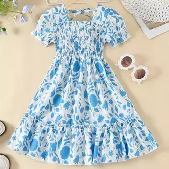 Новое летнее тонкое милое кружевное платье принцессы с цветочным принтом для девочек, шифоновое платье для девочек, детская одежда 100